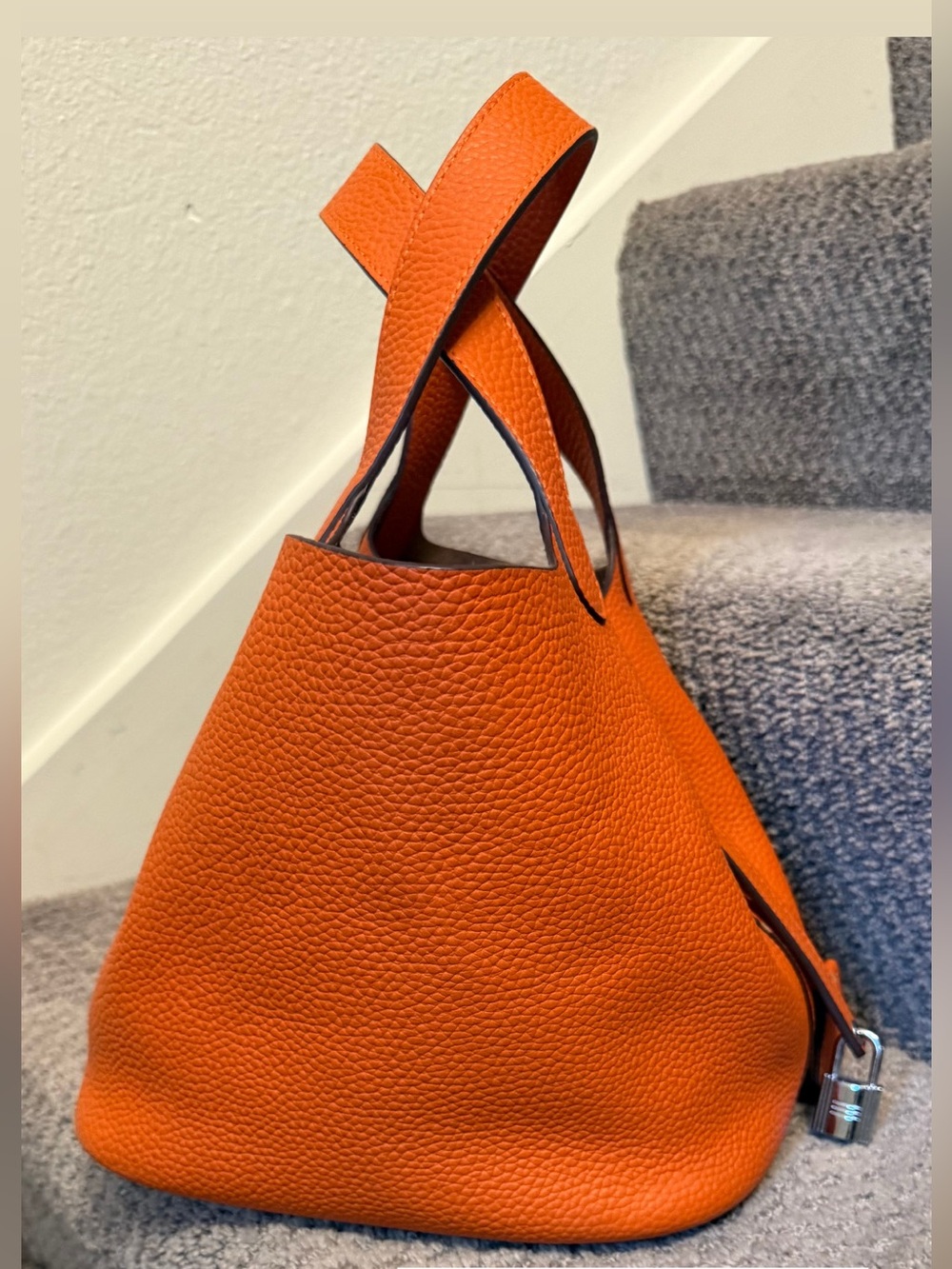 Compact Orange Pebbled Leather Mini Tote - Picture 3 of 3